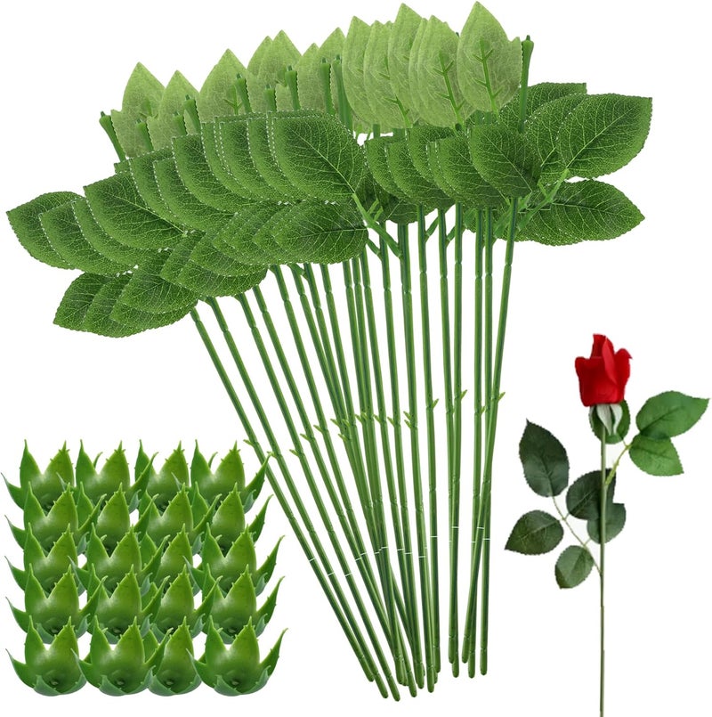 HLTOO 50PCS Floral Wire Stem with Leaves and 50PCS Artificial Flower Calyxes Set, for Floral Rose Arrangement, DIY Craft Bouquet Making, and Florist Supplies - Image 1